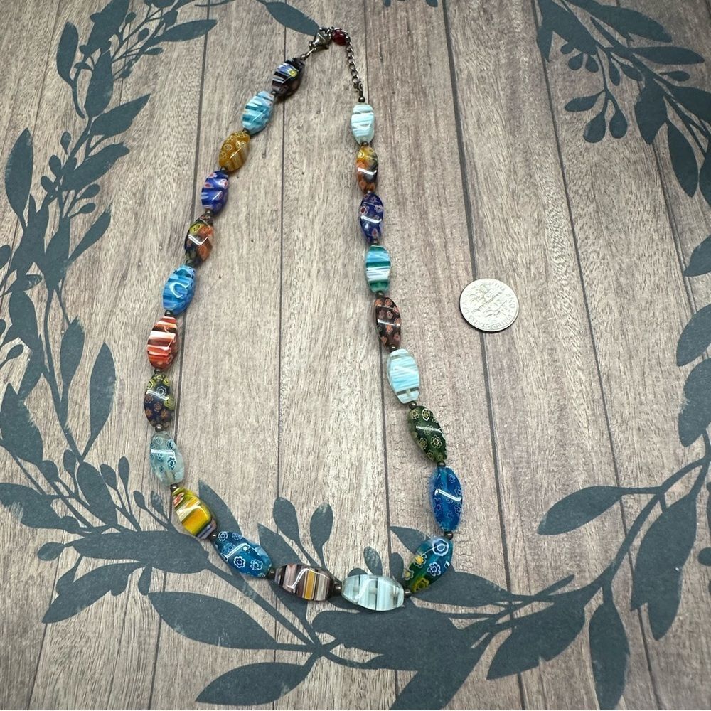 Art Glass Millifiori‎ Beaded Necklace Sterling Silver 17 In B2